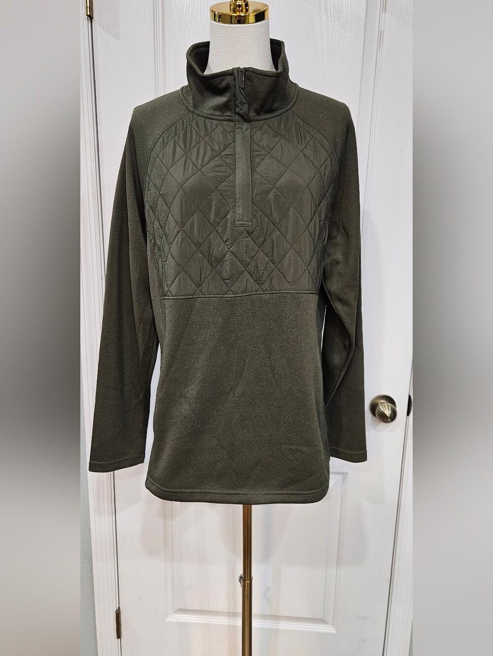 Women's Quilted Panel Pullover Sweater - Olive Green